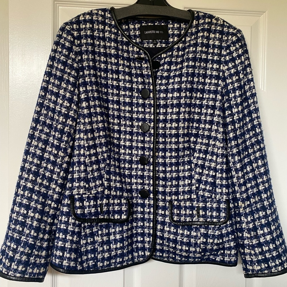Lafayette 148 Blazer Navy Tweed with Black leather trim and buttons.